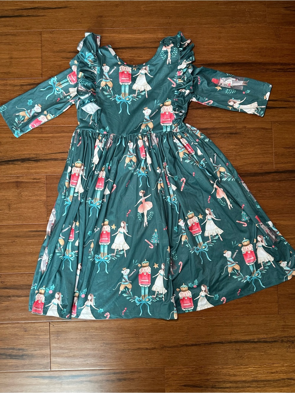 Mila & Rose Girls' Teal Nutcracker Print Long-Sleeve Holiday Christmas Dress